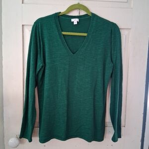 J. Jill Eclipse Emerald Green Cotton/Linen Blend V-Neck Pullover Sweater Size M